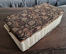Load image into Gallery viewer, Vintage Tapestry Wicker Woven Sewing Box Basket Pin Cushion Satin Interior
