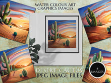 Load image into Gallery viewer, Watercolour art graphics images, A desert theme, featuring cacti, sand dunes &amp; beautiful sunset Instant Digital Download, Quality jpeg Image
