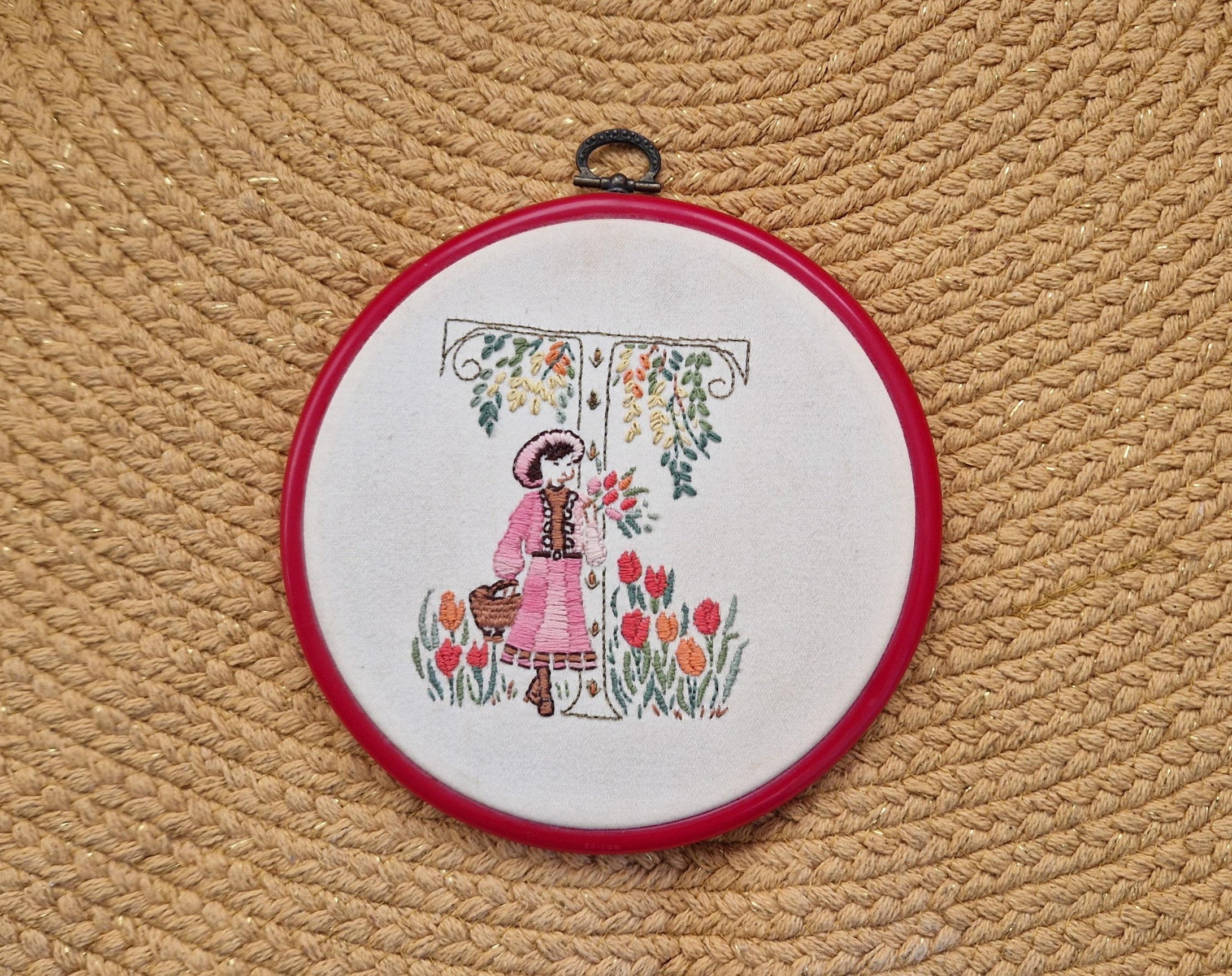Yesterday completed embroidery picture in the embroidery ring for hanging, young girl with basket, f