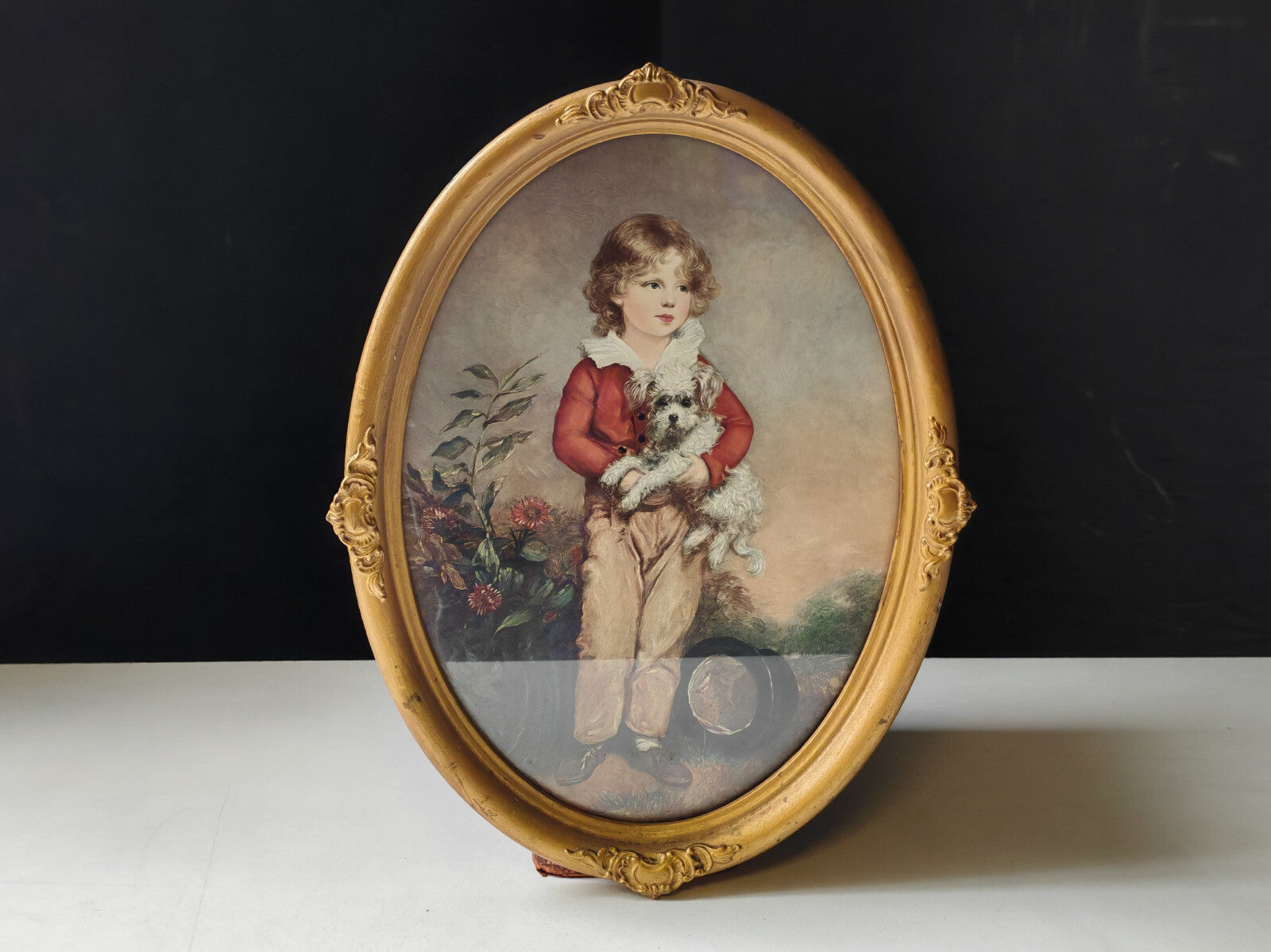Vintage Oval Framed Arthur Devis Print Boy with Dog Antique Gilt Frame 48cm