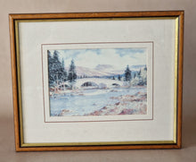 Load image into Gallery viewer, Vintage Print In Wooden Frame: Landscape Watercolour Painting Of Bridge, Trees, Rocks, Water &amp; Mount

