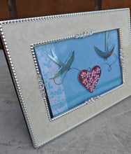 Load image into Gallery viewer, Cream and Silver Photo Frame with Crystal Accents | Romantic Bird &amp; Heart Design | Freestanding or W
