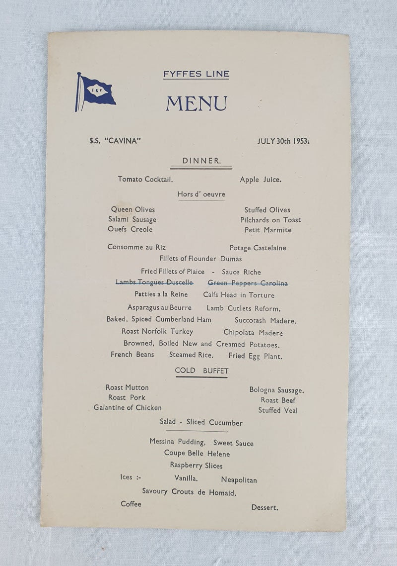 Vintage Fyffe Line Cavina Sailing Ship Dinner Menu.  July 30th 1953, Collectable Ephemera Memorabili