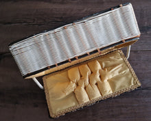 Load image into Gallery viewer, Vintage Tapestry Wicker Woven Sewing Box Basket Pin Cushion Satin Interior
