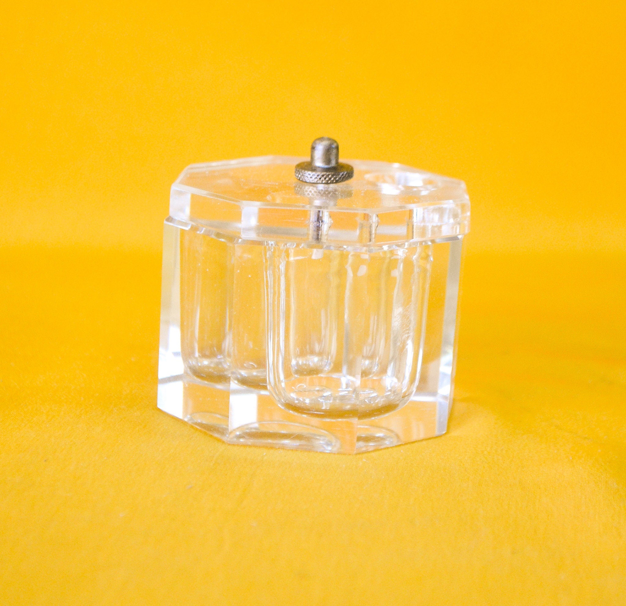 Clear Glass Octagon Scarf Pin Pot, Vintage unusual item