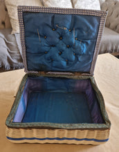 Load image into Gallery viewer, Vintage Blue White Wicker Sewing Box Basket With Handle Blue Satin Material Inside Wicker Sewing
