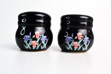 Load image into Gallery viewer, Black Ceramic Salt &amp; Pepper Shaker Floral / Flower Design
