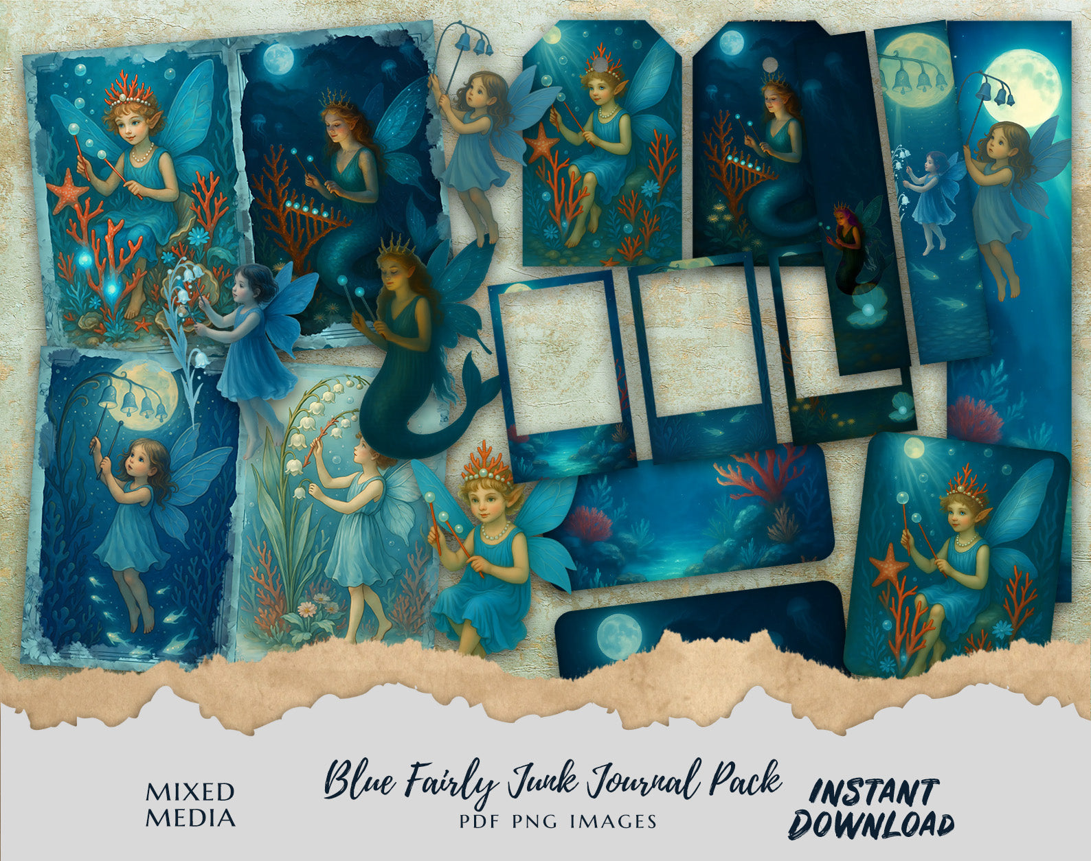 Blue Fairy Junk Journal Pack – Enchanted Underwater Theme | PNG & PDF Files | Instant Digital Download