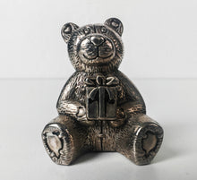 Load image into Gallery viewer, Silver Tone Teddy Bear Holding Present Figurine Ornament Collectible 4cm Gift
