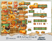 Load image into Gallery viewer, Vintage Farm Truck Fussy Cut Clipart Set – Rustic Country Market PNG &amp; PDF, Produce Crates, Honey, Jams, Chickens Printable
