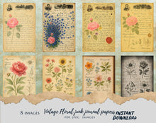 Load image into Gallery viewer, Vintage Floral Junk Journal Pages – 8 Printable Botanical Ephemera Sheets – Instant Download, PDF &amp; JPEG
