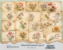 Load image into Gallery viewer, Vintage Floral Postcards PNG – Antique Botanical Ephemera Set Shabby Chic Flower Post Card Images, Printable Junk Journal, Scrapbooking
