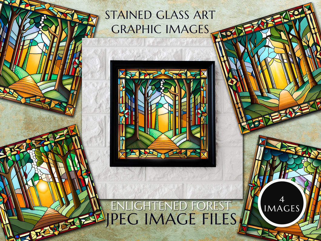 Enlightened Forest Stained Glass Window Style Artwork Graphics: 4 x Digital Download Jpeg Forest, Tree, Footpath , Sunlight Images Art