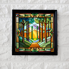 Load image into Gallery viewer, Enlightened Forest Stained Glass Window Style Artwork Graphics: 4 x Digital Download Jpeg Forest, Tree, Footpath , Sunlight Images Art
