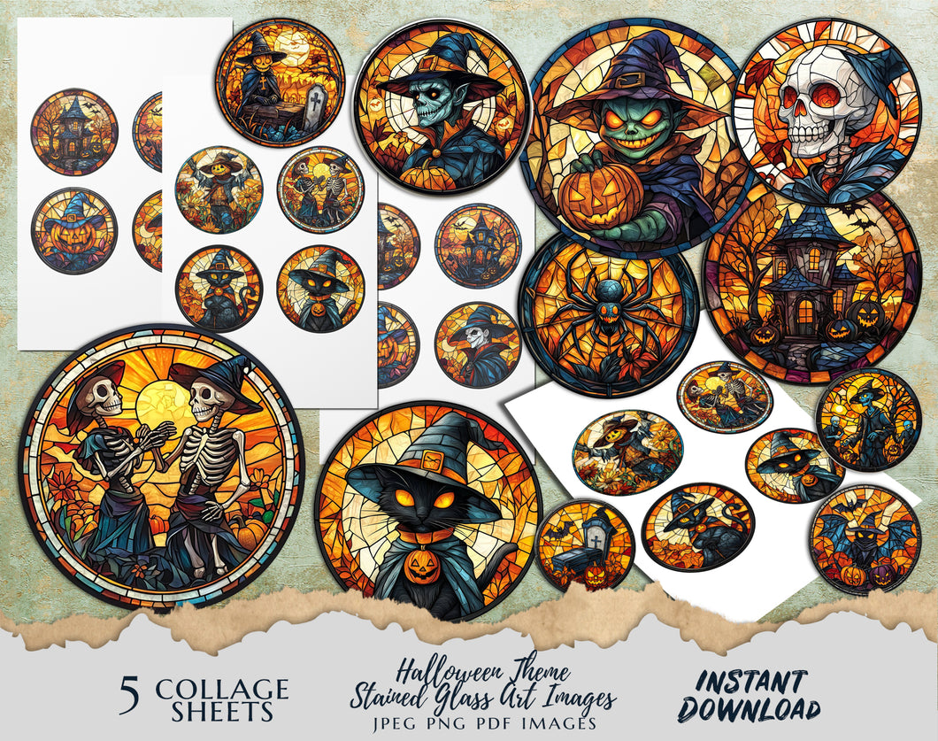 Halloween Stained Glass Art Circle Images Collage Sheet | Instant Download | 20 Spooky Graphics in JPEG, PNG & PDF Formats 5 Collage Sheets