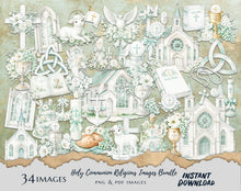 Load image into Gallery viewer, First Holy Communion Clipart Set – 34 Christian Religious PNG Images, Church, Cross, Bible, Chalice, Lamb, Floral Elements, Instant Download
