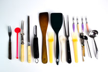 Load image into Gallery viewer, 14 x Vintage Kitchen Utensils, Plastic forks, Wooden Spatula, Potato Vegetable Peeler, Can Opener, Knife Sharpner, Steak Fork, etc
