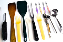 Load image into Gallery viewer, 14 x Vintage Kitchen Utensils, Plastic forks, Wooden Spatula, Potato Vegetable Peeler, Can Opener, Knife Sharpner, Steak Fork, etc
