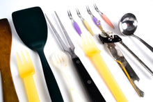 Load image into Gallery viewer, 14 x Vintage Kitchen Utensils, Plastic forks, Wooden Spatula, Potato Vegetable Peeler, Can Opener, Knife Sharpner, Steak Fork, etc

