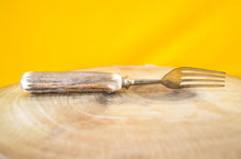 Load image into Gallery viewer, Steak knife and fork set with antler handles, approx age from 1970&#39;s, 1 knife, 1 fork
