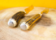 Load image into Gallery viewer, Steak knife and fork set with antler handles, approx age from 1970&#39;s, 1 knife, 1 fork
