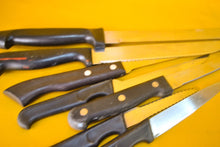 Load image into Gallery viewer, Set of 7 Vintage Plastic Handle Kitchen Knives – Mixed Sizes, Retro Kitchenalia Collection
