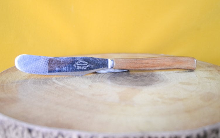 Vintage Wooden Handle Cheese / Cheese Spreader Knife, Marked 