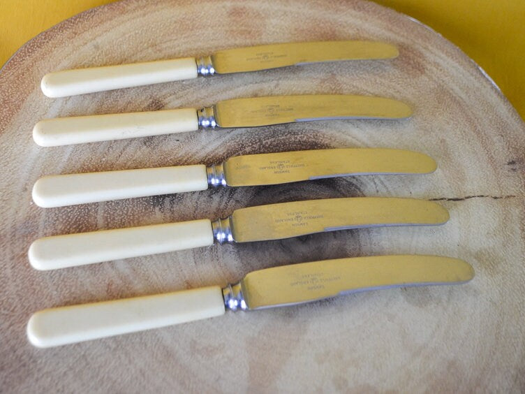 Vintage Set 5 Faux Bone Handle Dinner Knives - Dawson of Sheffield - 18cm Long