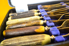 Load image into Gallery viewer, Set of 6 Steak knives and forks with antler handles, approx age from 1970&#39;s, gold plated, in box
