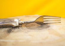 Load image into Gallery viewer, Steak knife and fork set with antler handles, approx age from 1970&#39;s, 1 knife, 1 fork
