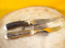 Load image into Gallery viewer, Steak knife and fork set with antler handles, approx age from 1970&#39;s, 1 knife, 1 fork
