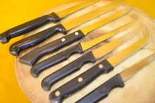 Load image into Gallery viewer, Set of 7 Vintage Plastic Handle Kitchen Knives – Mixed Sizes, Retro Kitchenalia Collection
