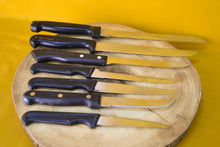 Load image into Gallery viewer, Set of 7 Vintage Plastic Handle Kitchen Knives – Mixed Sizes, Retro Kitchenalia Collection
