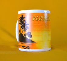 Load image into Gallery viewer, Heebah Florida Sunset &amp; Palm Tree Coffee / Tea Mug, Ceramic, Orange Yellow and Black Colour
