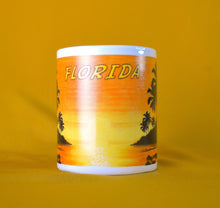 Load image into Gallery viewer, Heebah Florida Sunset &amp; Palm Tree Coffee / Tea Mug, Ceramic, Orange Yellow and Black Colour
