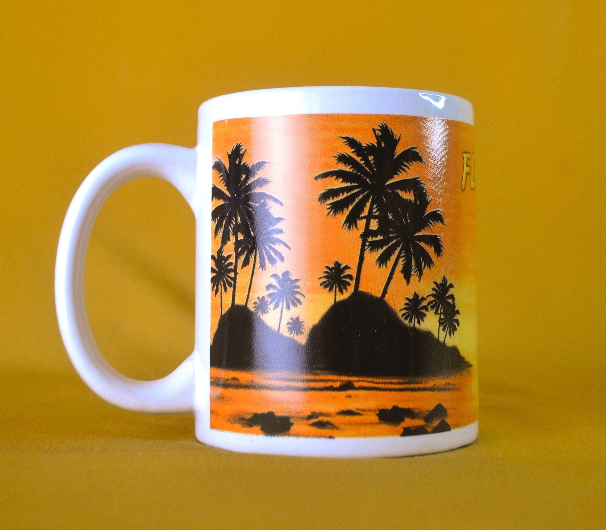 Heebah Florida Sunset & Palm Tree Coffee / Tea Mug, Ceramic, Orange Yellow and Black Colour