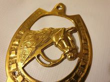 Load image into Gallery viewer, Brass Horseshoe Hanging Key Holder with horse head in the middle
