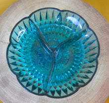 Load image into Gallery viewer, Vintage candy dish green depression glass, 3 section divided , for candy, nuts, sauce, etc, bowl dish
