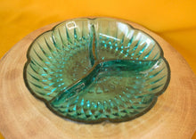 Load image into Gallery viewer, Vintage candy dish green depression glass, 3 section divided , for candy, nuts, sauce, etc, bowl dish

