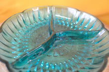Load image into Gallery viewer, Vintage candy dish green depression glass, 3 section divided , for candy, nuts, sauce, etc, bowl dish
