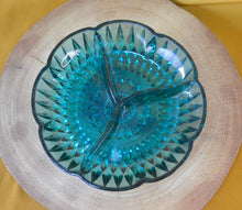Load image into Gallery viewer, Vintage candy dish green depression glass, 3 section divided , for candy, nuts, sauce, etc, bowl dish
