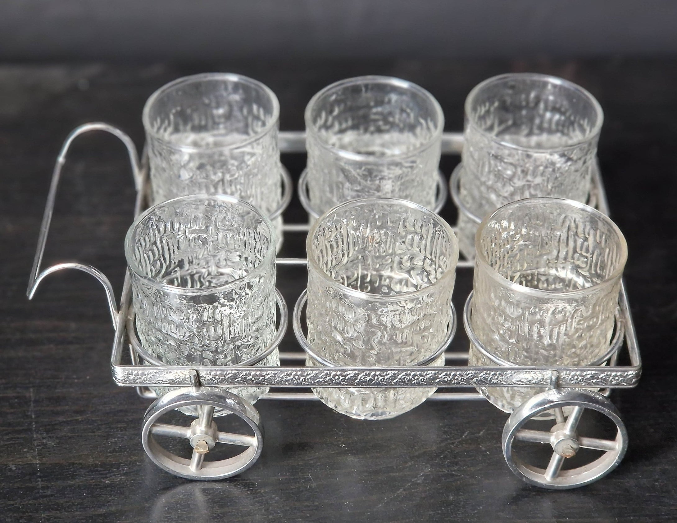Ravenhead Siesta Vintage Bark-effect Set Glass x6 Tumbler 5oz/14cl with metal wagon caddy glass holder