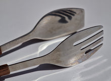 Load image into Gallery viewer, Vintage 1970s Salad Grabber Server Spoon &amp; Fork - Rosewood/ Stainless, Hig Quality Steel and wood Kitchenalia from the 70s
