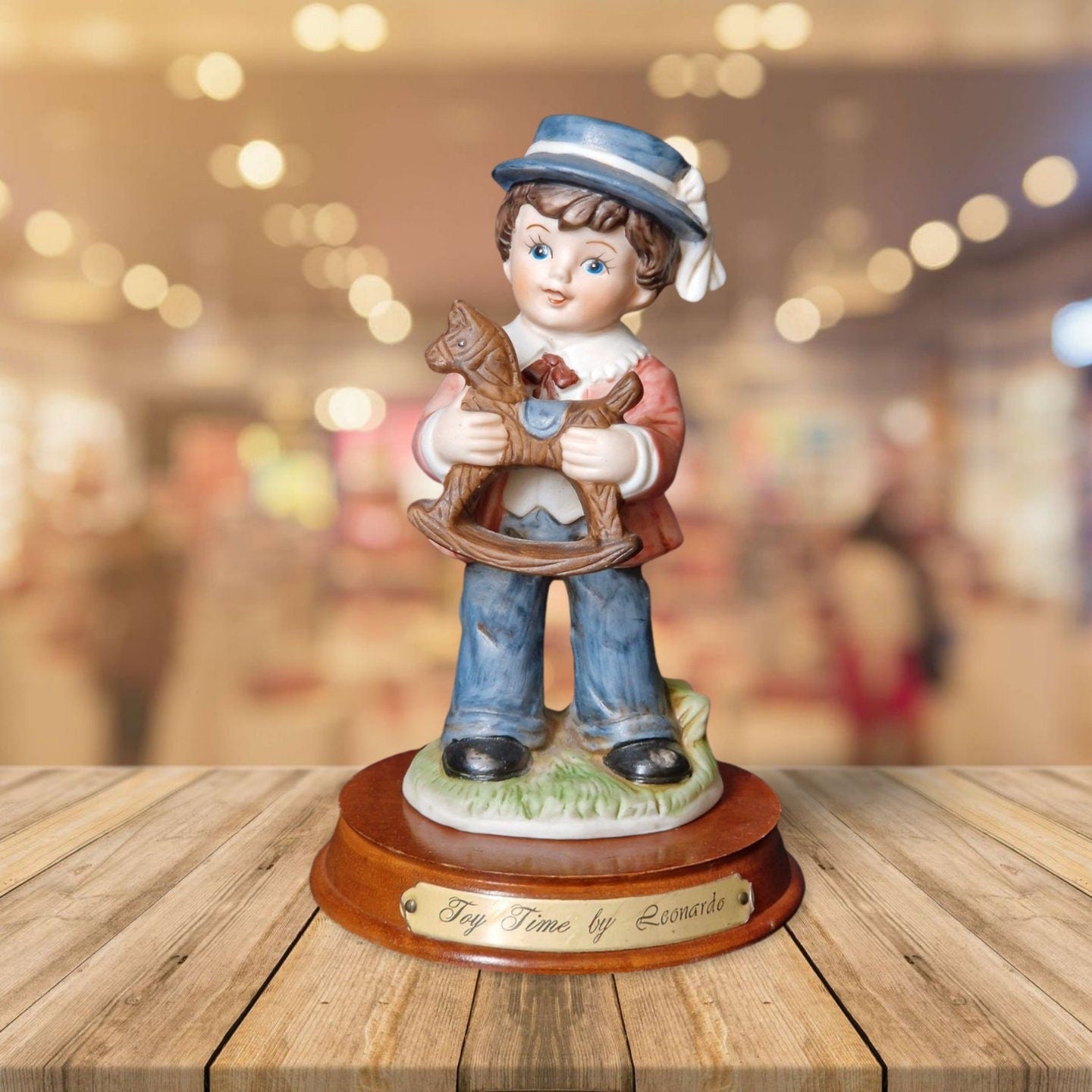 Joy Of time by Leonardo Figurine, Boy with rocking horse toy ceramic figure with wooden plinth base