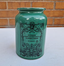 Load image into Gallery viewer, Vintage Green Stoneware Ceramic Jar Handmade Blend Of Provincial Flowers &amp; Herbs No Lid
