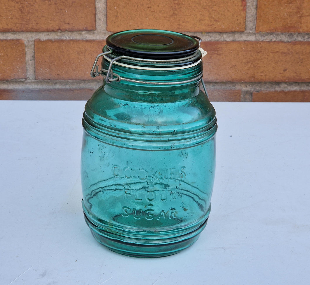 Vintage Cracker Barrel Style Cookies Flour Sugar Jar Canister Green Glass Airtight Closure