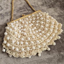 Load image into Gallery viewer, Vintage 1960s White Beaded Crochet Evening Purse with Gold-Tone Frame and Chain Handle
