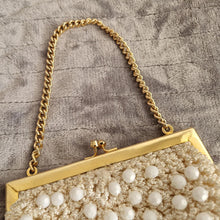 Load image into Gallery viewer, Vintage 1960s White Beaded Crochet Evening Purse with Gold-Tone Frame and Chain Handle
