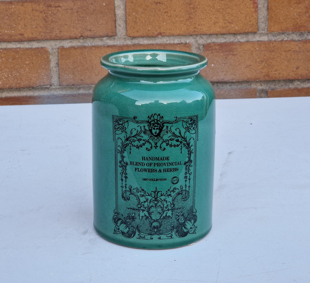 Vintage Green Stoneware Ceramic Jar Handmade Blend Of Provincial Flowers & Herbs No Lid