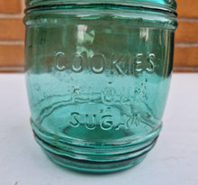 Load image into Gallery viewer, Vintage Cracker Barrel Style Cookies Flour Sugar Jar Canister Green Glass Airtight Closure
